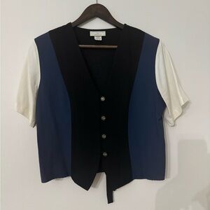 Vintage Christopher & Banks Blue Black Button Down Shirt with Back Tie